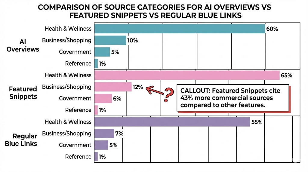  a horizontal bar chart comparing source categories for AI Overviews vs Featured Snippets vs Regular Blue Links. Categories: Health & Wellness (largest, ~50-67%), Business/Shopping (7-12%), Government (5-6%), Reference (1%). 