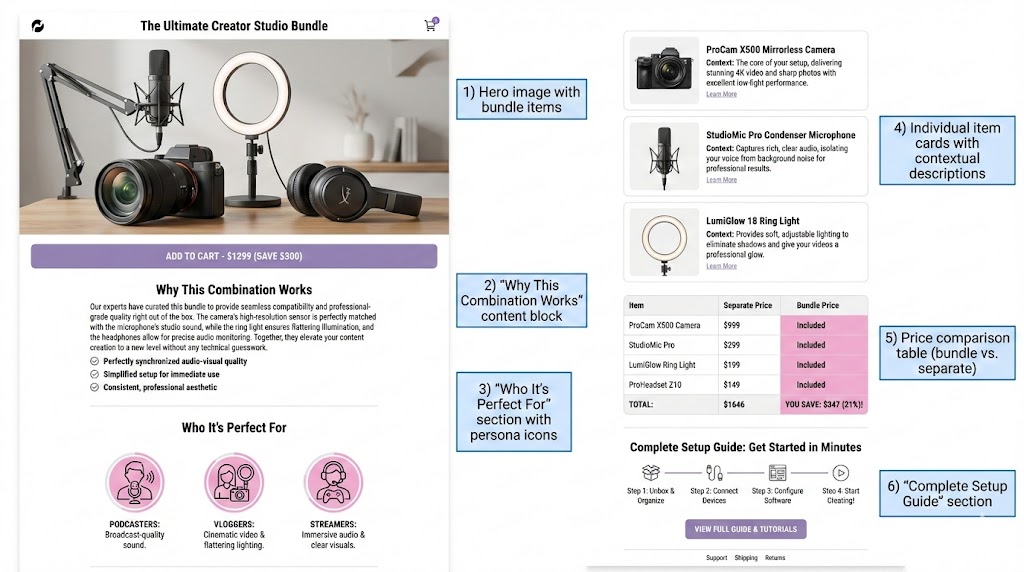 an annotated screenshot mockup of an ideal bundle product page. Show sections labeled: 1) Hero image with bundle items, 2) 'Why This Combination Works' content block, 3) 'Who It's Perfect For' section with persona icons, 4) Individual item cards with contextual descriptions, 5) Price comparison table (bundle vs. separate), 6) 'Complete Setup Guide' section.