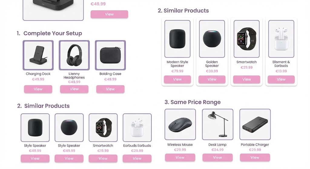 three types of product recommendation sections on an ecommerce product page. Section 1: 'Complete Your Setup' with 3 complementary product cards. Section 2: 'Similar Products' with 4 alternative product cards. Section 3: 'Same Price Range' with 3 product cards.