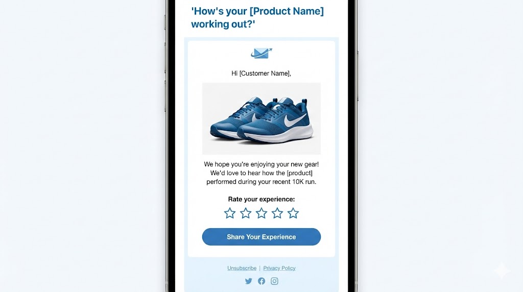 a well-designed product review request email. Show subject line: 'How's your [Product Name] working out?'. Email body with product image, personalized greeting, context-specific question: 'We'd love to hear how the [product] performed during [use case]'. Clear CTA button: 'Share Your Experience'. Include star rating interface preview. 