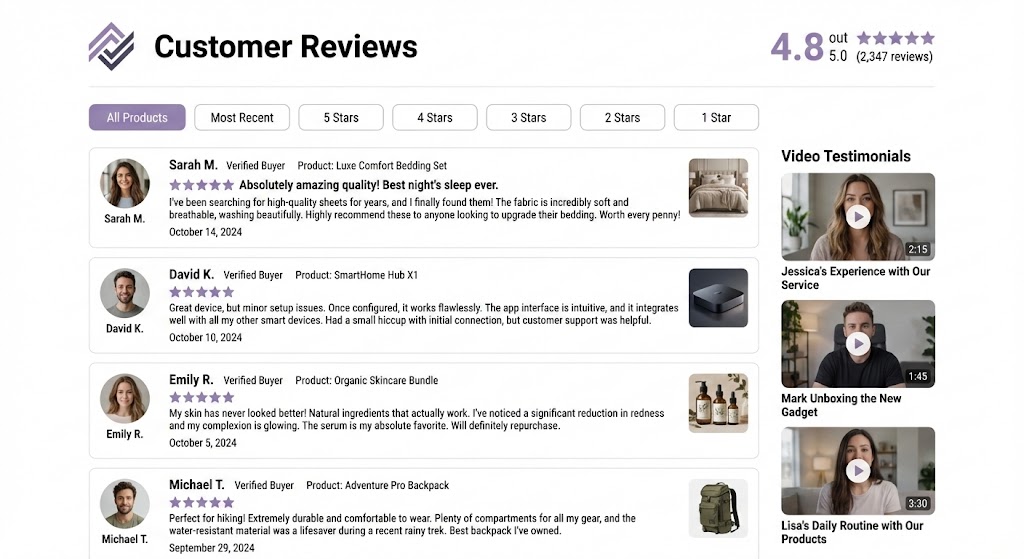 a mockup of an ideal customer reviews page. Header section with brand logo, 'Customer Reviews' title, aggregate star rating (4.8/5.0), and total review count (2,347 reviews). Filter bar below with options: 'All Products', 'Most Recent', '5 Stars', '4 Stars', etc. Main content area showing 4-5 review cards with customer photo, name, product purchased, star rating, review text, date, and product image. Sidebar with 'Video Testimonials' section showing 3 video thumbnails.