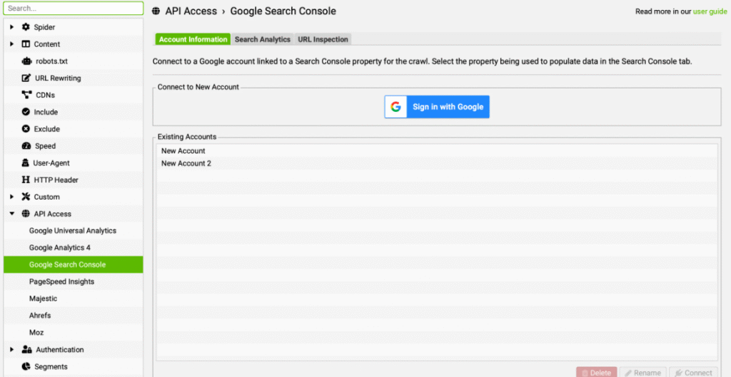 screaming frog api gsc interface