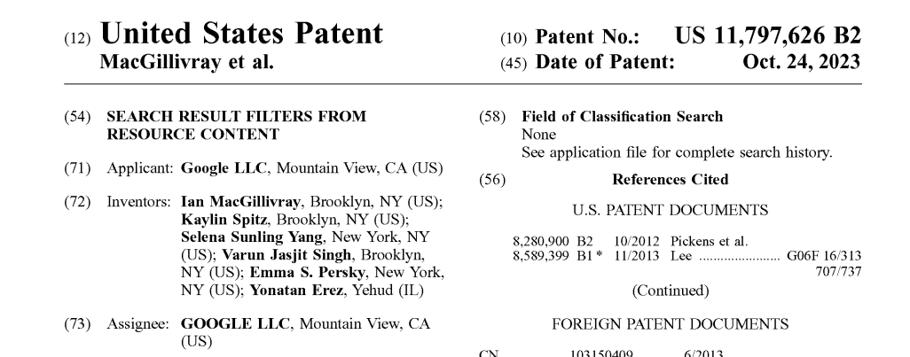 Google Patent US11797626 - Search result filters from resource content