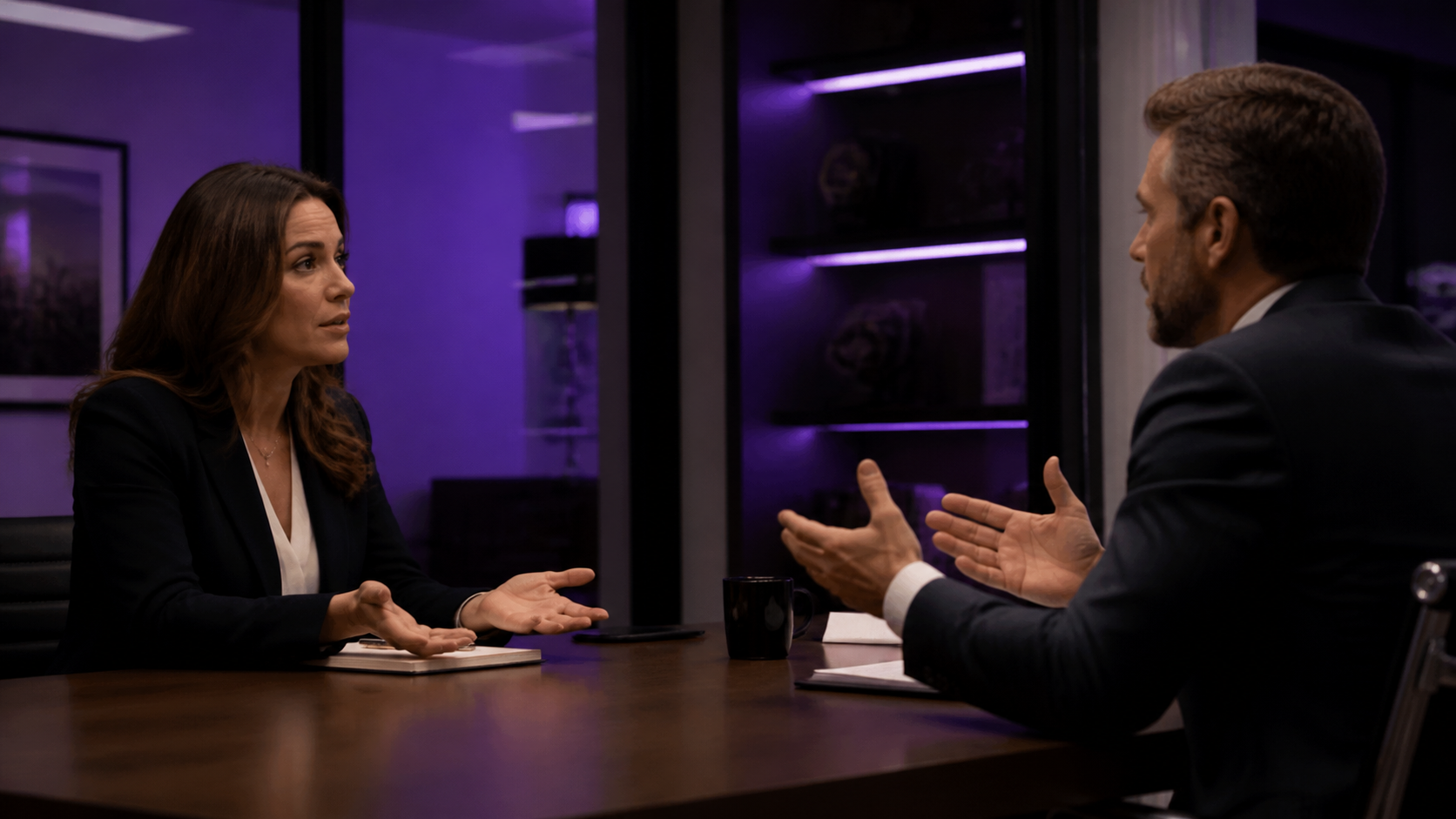 Two professionals in a tense meeting discussion