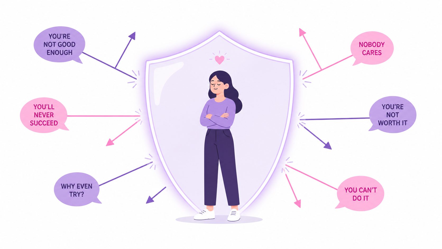 Person standing calm with a protective shield while negative remarks bounce off