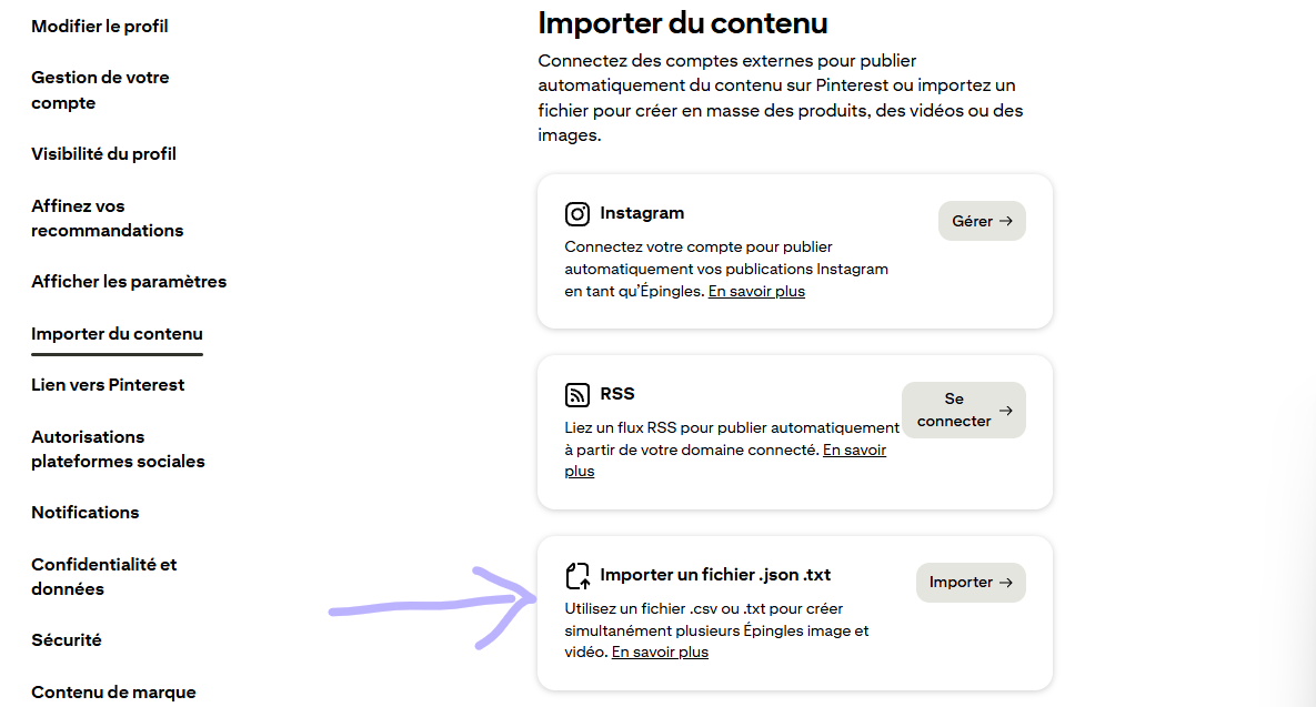 Pinterest Import content page - Import file option