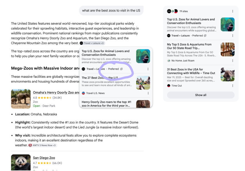 Preferred Sources surfacing inside a Google AI Mode result