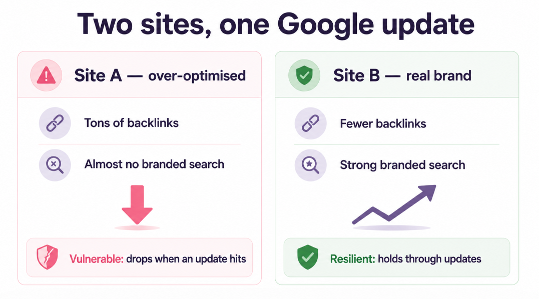 Two sites, one update: brand demand vs links