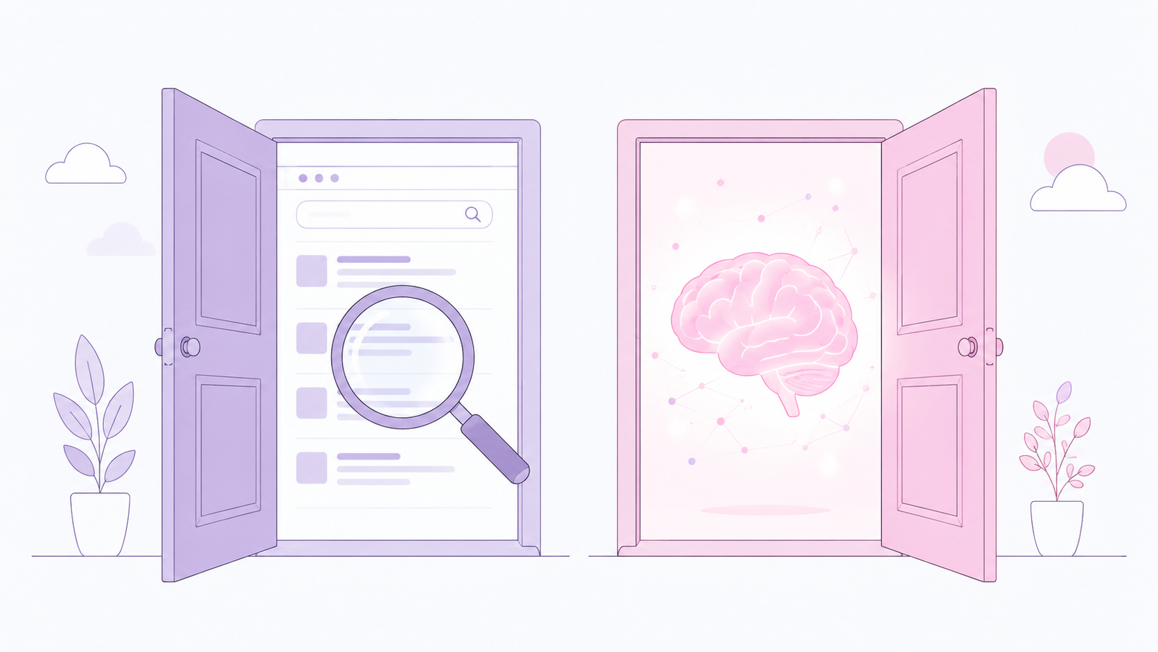 Two doors into an AI answer: live web retrieval on the left, the model's trained memory on the right