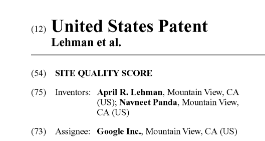 Header of Google patent US9031929 Site Quality Score, inventors April R. Lehman and Navneet Panda