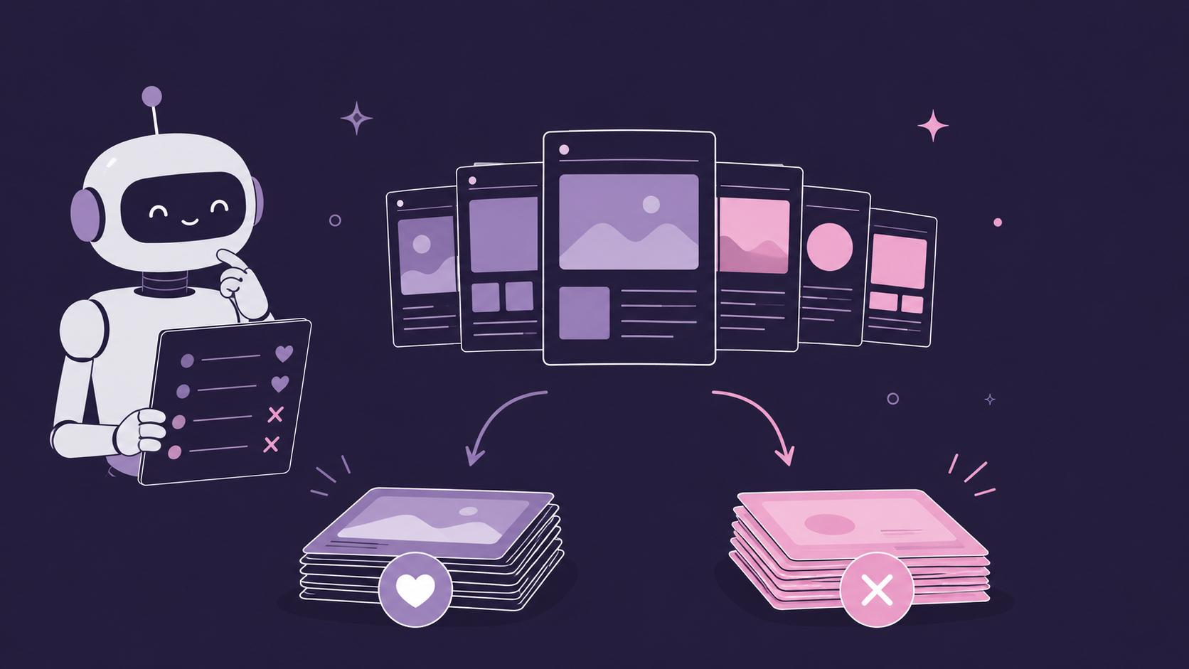 Illustration of an AI scoring web pages and sorting them into a kept pile and a dropped pile