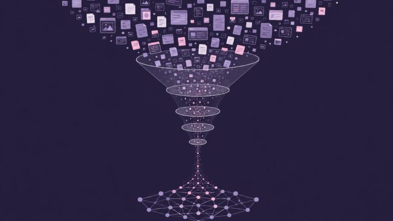 Stream of web pages filtered through a funnel into a neural network, illustrating how LLM training data is built