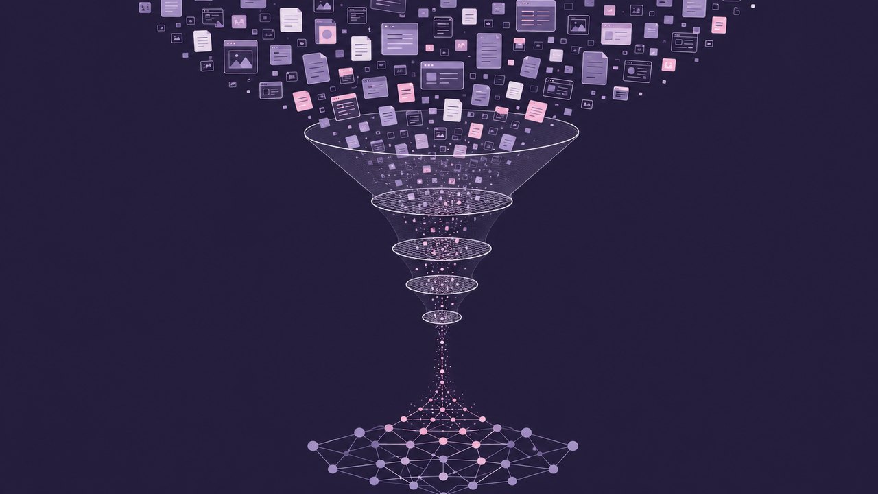 Stream of web pages filtered through a funnel into a neural network, illustrating how LLM training data is built