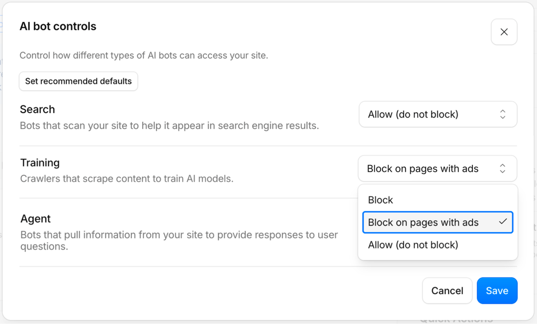 Cloudflare AI bot controls with Search, Training and Agent categories