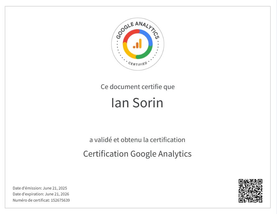 Google Analytics 4 certification awarded to Ian Sorin