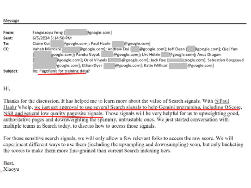 Internal Google email, PageRank used for Gemini training data