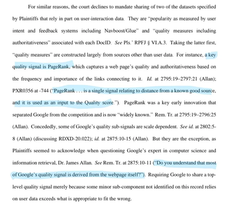 DOJ antitrust documents, PageRank vs page content