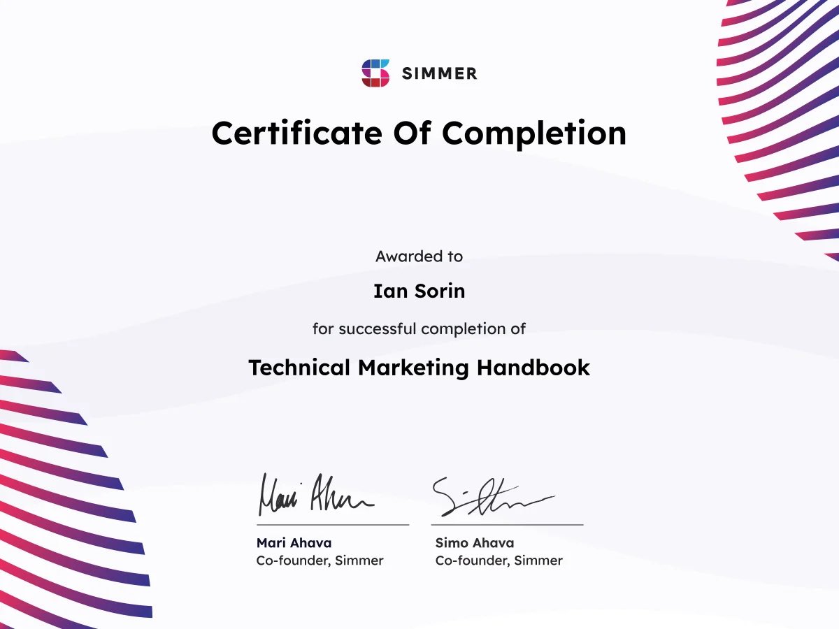 Simmer Technical Marketing Handbook certificate awarded to Ian Sorin