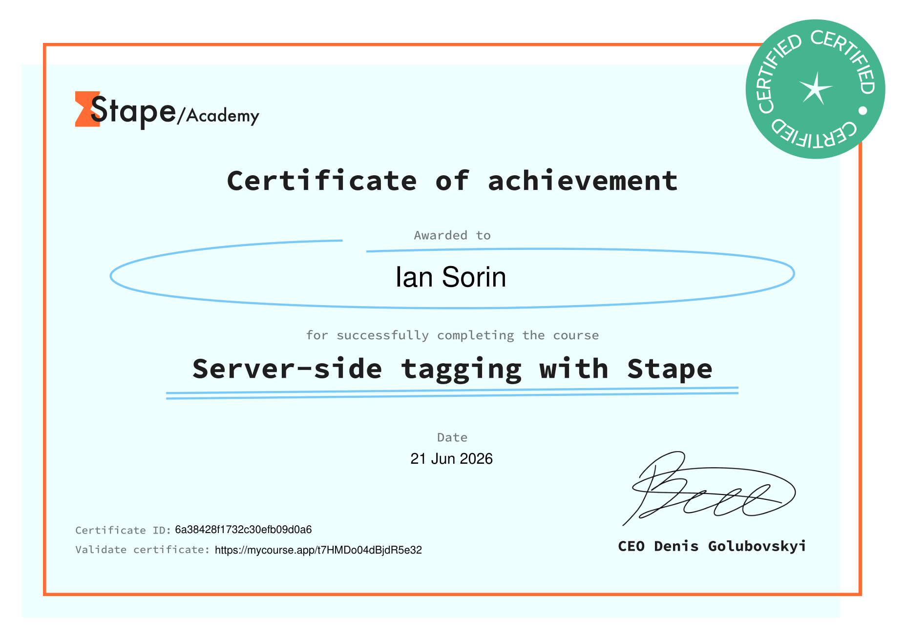Stape Academy server-side tagging certificate awarded to Ian Sorin