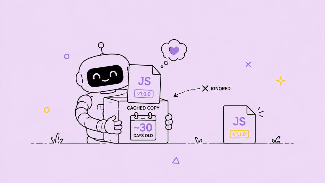 A robot holding a cached JavaScript file about 30 days old while ignoring a fresher version