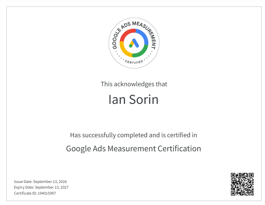 Google Ads Measurement certification awarded to Ian Sorin