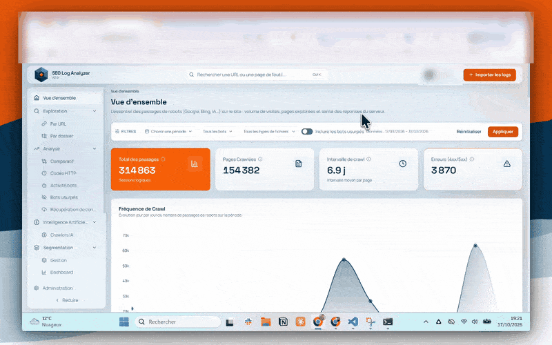 Animated demo of the SEO log analyzer I built for Empirik: overview dashboard, crawl frequency, HTTP status codes, most active bots and LLM crawl funnel
